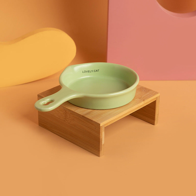 Ceramic Pet Feeding Bowl with Wooden Stand (For Cats & Dogs)
