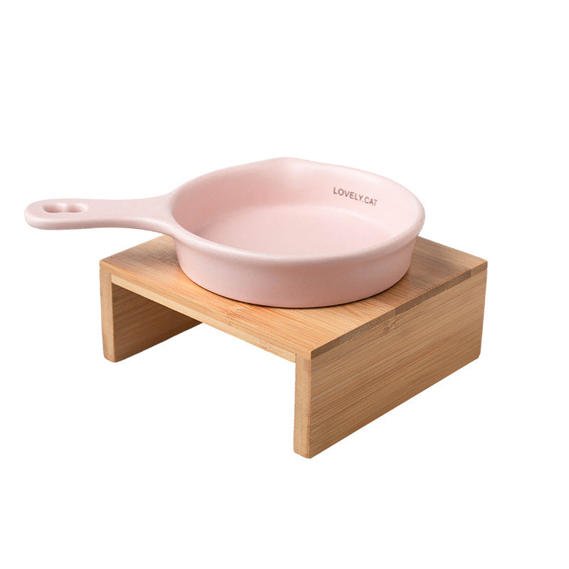 Ceramic Pet Feeding Bowl with Wooden Stand (For Cats & Dogs)
