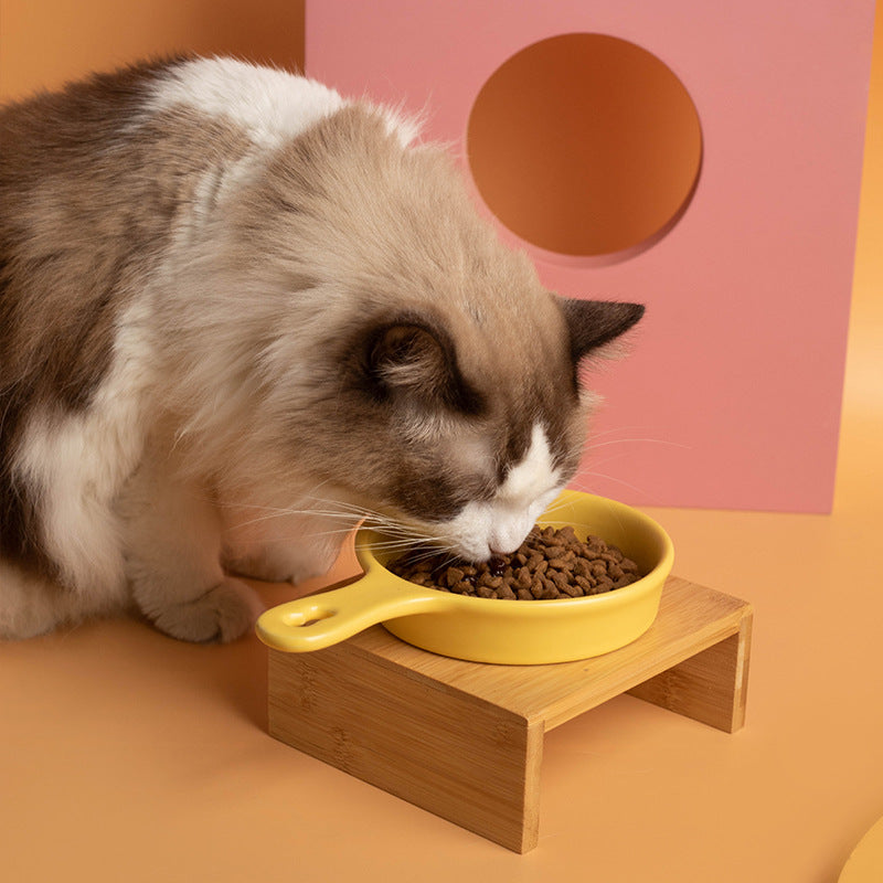 Ceramic Pet Feeding Bowl with Wooden Stand (For Cats & Dogs)