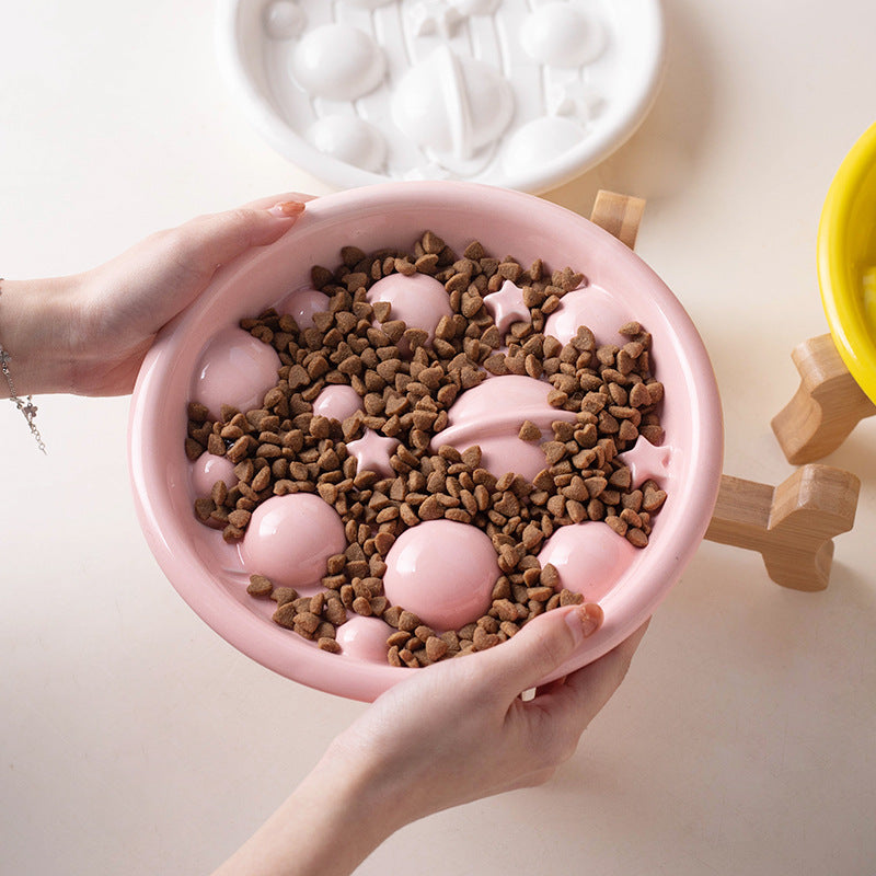 Ceramic Slow Feeder Pet Bowl with Stand Set