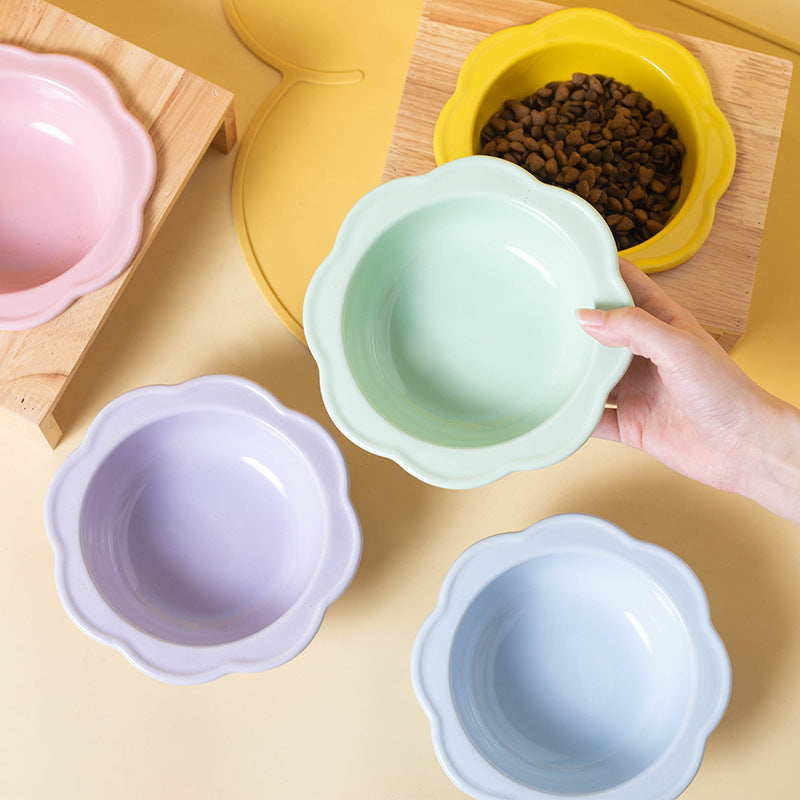Cute Flower-Shaped Ceramic Elevated Bowl (Neck-Friendly Design)