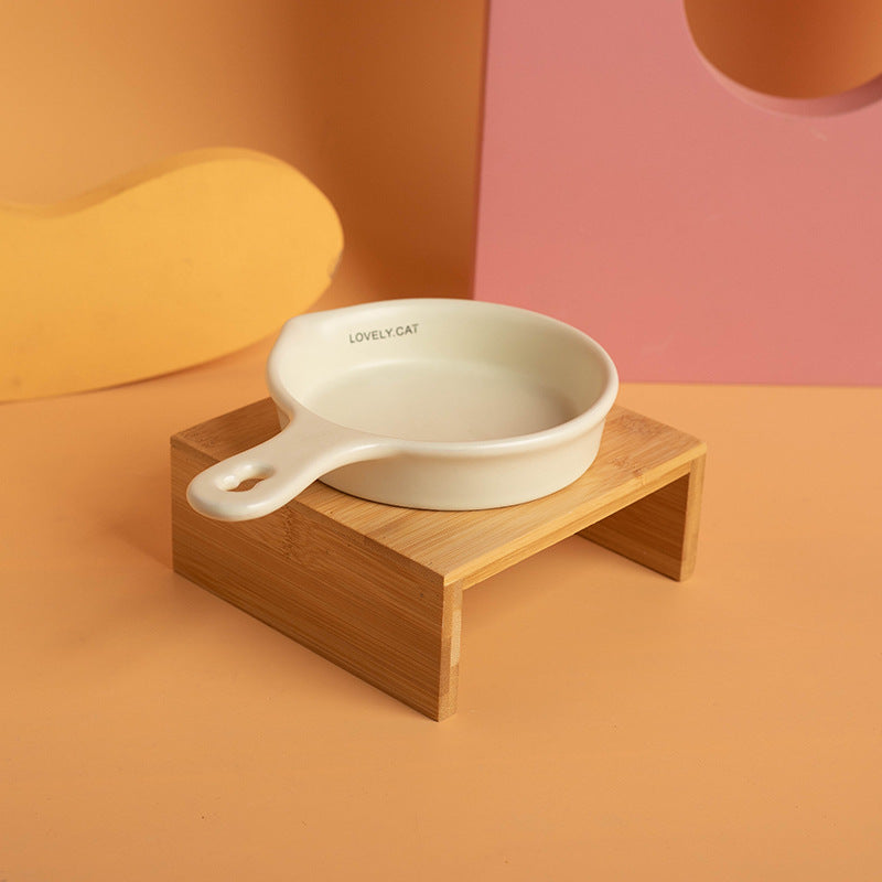 Ceramic Pet Feeding Bowl with Wooden Stand (For Cats & Dogs)