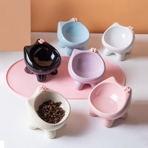 Ceramic Elevated Cat-Shaped Feeding Bowl for Pets